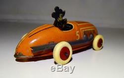 Disney 1936 Mickey Mouse Race Car Lithographed Tin Working Wind-up Toy-orange