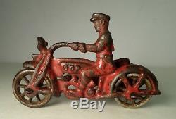 Early Cast Iron Red Hubley Motorcycle with Side Car COP with Nickel Wheels Arcade