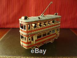 Extr Rare 1920s OROBR Tin Wind-up Double decker Trolley Tram Cable Car with Lights
