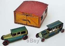 Germany U. S. Ck & Strauss Penny Toys 3.5 Garage Plus Two Cars 2 3/4 & 3 1/4