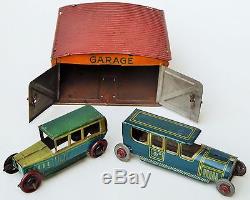 Germany U. S. Ck & Strauss Penny Toys 3.5 Garage Plus Two Cars 2 3/4 & 3 1/4