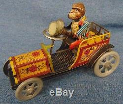 German Distler Tin Motion Monkey Driving Automobile Car Waving Hat Clean! Works