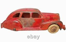 HUBLEY ZEPHYR VINT 1930'S RD/SLVR ENML PNTD CAST IRON TOY CAR WithWHT RUBBER TIRES