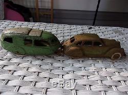Hubley early cast iron car and camper trailer, Cast iron Hubley car and camper