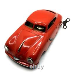 JNF Prototyp Porsche 356 Tin Wind-Up Car 21cm with Key 1950s Germany Red