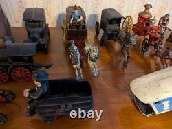 LOT OF ANTIQUE & VINTAGE CAST IRON TOYS Cars And Horse And Carriage Etc