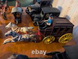 LOT OF ANTIQUE & VINTAGE CAST IRON TOYS Cars And Horse And Carriage Etc