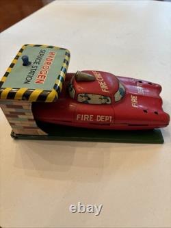 Linemar tin windup Hydrogen Service Station with Futuristic Fire Chief Car as-59