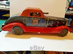 Louis Marx G-Man Justice Pursuit Car Wind-Up Toy Pressed Steel Spark Car