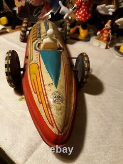 Louis Marx Rare Vintage 16 Tin Litho Wind up Indy Race Car With Key And Driver