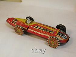 Louis Marx Rare Vintage 16 Tin Litho Wind up Indy Race Car With Key & Driver