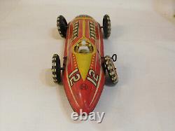 Louis Marx Rare Vintage 16 Tin Litho Wind up Indy Race Car With Key & Driver