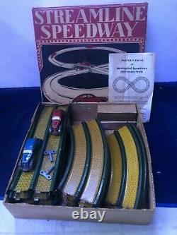 Louis Marx Tin Streamline Speedway w Original Tin Wind Up Cars & Box
