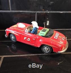 Mercedes Car Fire Department Chief Vintage Japanese Tin Toy Battery RARE