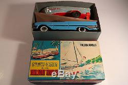 NEW CAR (FORD) WITH SAILBOAT TRAILER, Japan Haji friction tin toy 1950s MIB RARE