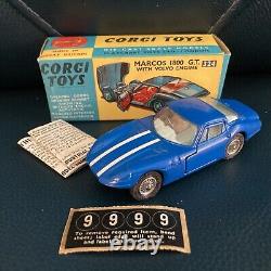 NIB #324 VTG CORGI TOYS MARCOS 1800 GT With VOLVO ENGINE ELITE COLLECTOR COND