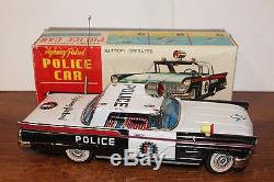 NICE ALPS TIN BATTERY OPERATED 1958 LINCOLN POLICE HIGHWAY PATROL CAR in BOX