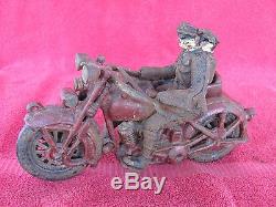 Old Antique Cast Iron Hubley Kilgore Harley Motorcycle & Side Car Toy Police Man