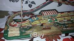 ROLLER COASTER vintage toys rare tin & 3 cars litho wind up made in germany