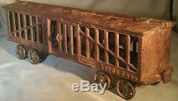 Rare Large Early 1900s Ideal Cast Iron Floor Train Stock Car w Moving Horses 14