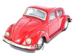 Rare Vintage 1960s Bandai VW Beetle Red Tin Toy Japan Friction Car 22cm Working