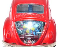 Rare Vintage 1960s Bandai VW Beetle Red Tin Toy Japan Friction Car 22cm Working