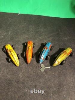 Set Of 4 Captain Marvel Tin Wind Up Race Cars All Work Very Nice Condition