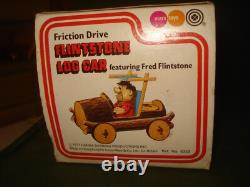 THE FLINTSTONES FRICTION DRIVE LOG CAR BY MARX TOYS 1977 withBOX MINTY RARE