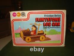 THE FLINTSTONES FRICTION DRIVE LOG CAR BY MARX TOYS 1977 withBOX MINTY RARE