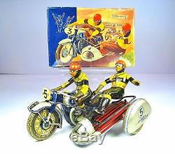 TIPPCO Tin Wind Up Silver Racer Side Car Motorcycle 7.5 Exclnt Cond With Box