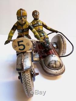TIPPCO Tin Wind Up Tin Toy, Silver Racer Side Car Motorcycle #5 Germany 1950's