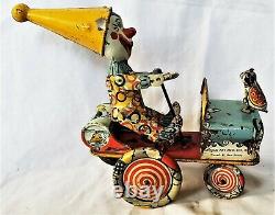 Tin Wind Up Artie the Clown Crazy Jeep Car Unique Art Great Litho Working Toy