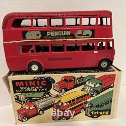 Tri-Ang Minic 60M Clockwork Tinplate Double Decker Bus Red Post War with box