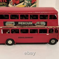 Tri-Ang Minic 60M Clockwork Tinplate Double Decker Bus Red Post War with box