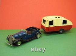 Triang Minic 1948 Tinplate Clockwork Open Touring Car 8m + Caravan 16m No Key