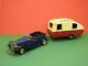 Triang Minic 1948 Tinplate Clockwork Open Touring Car 8m + Caravan 16m No Key