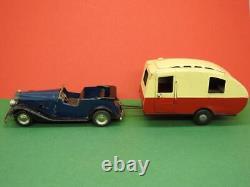 Triang Minic 1948 Tinplate Clockwork Open Touring Car 8m + Caravan 16m No Key