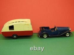 Triang Minic 1948 Tinplate Clockwork Open Touring Car 8m + Caravan 16m No Key