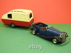Triang Minic 1948 Tinplate Clockwork Open Touring Car 8m + Caravan 16m No Key