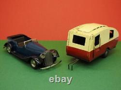 Triang Minic 1948 Tinplate Clockwork Open Touring Car 8m + Caravan 16m No Key