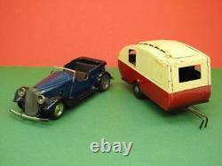 Triang Minic 1948 Tinplate Clockwork Open Touring Car 8m + Caravan 16m No Key