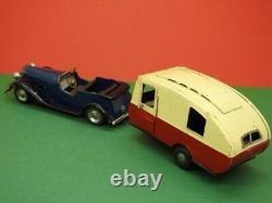 Triang Minic 1948 Tinplate Clockwork Open Touring Car 8m + Caravan 16m No Key