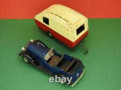 Triang Minic 1948 Tinplate Clockwork Open Touring Car 8m + Caravan 16m No Key
