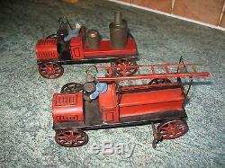 Two Antique Bing Fire Engine Pump Car Tinplate Germany Clockwork Tin Toy Truck