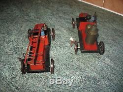 Two Antique Bing Fire Engine Pump Car Tinplate Germany Clockwork Tin Toy Truck