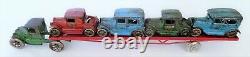 VINTAGE 1930 ARCADE CAR HAULER / CARRIER with 4 FORDS 24 1/2