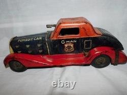 VINTAGE 1930's G-MAN PURSUIT WIND UP TOY CAR BY LOUIS MARX & CO, 100% ORIGINAL