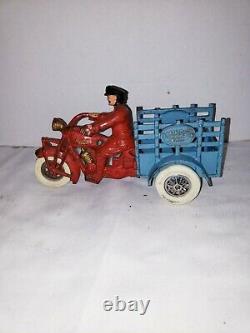 VINTAGE 1930's LARGE CAST IRON 9 HUBLEY INDIAN TOY MOTORCYCLE TRAFFIC CAR