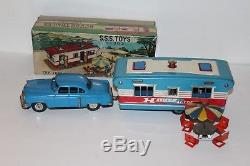 VINTAGE 1950'S TIN SSS CADILLAC CAR & HOUSE TRAILER SET (complete) in BOX