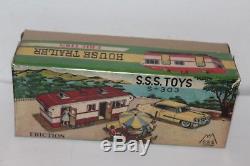 VINTAGE 1950'S TIN SSS CADILLAC CAR & HOUSE TRAILER SET (complete) in BOX